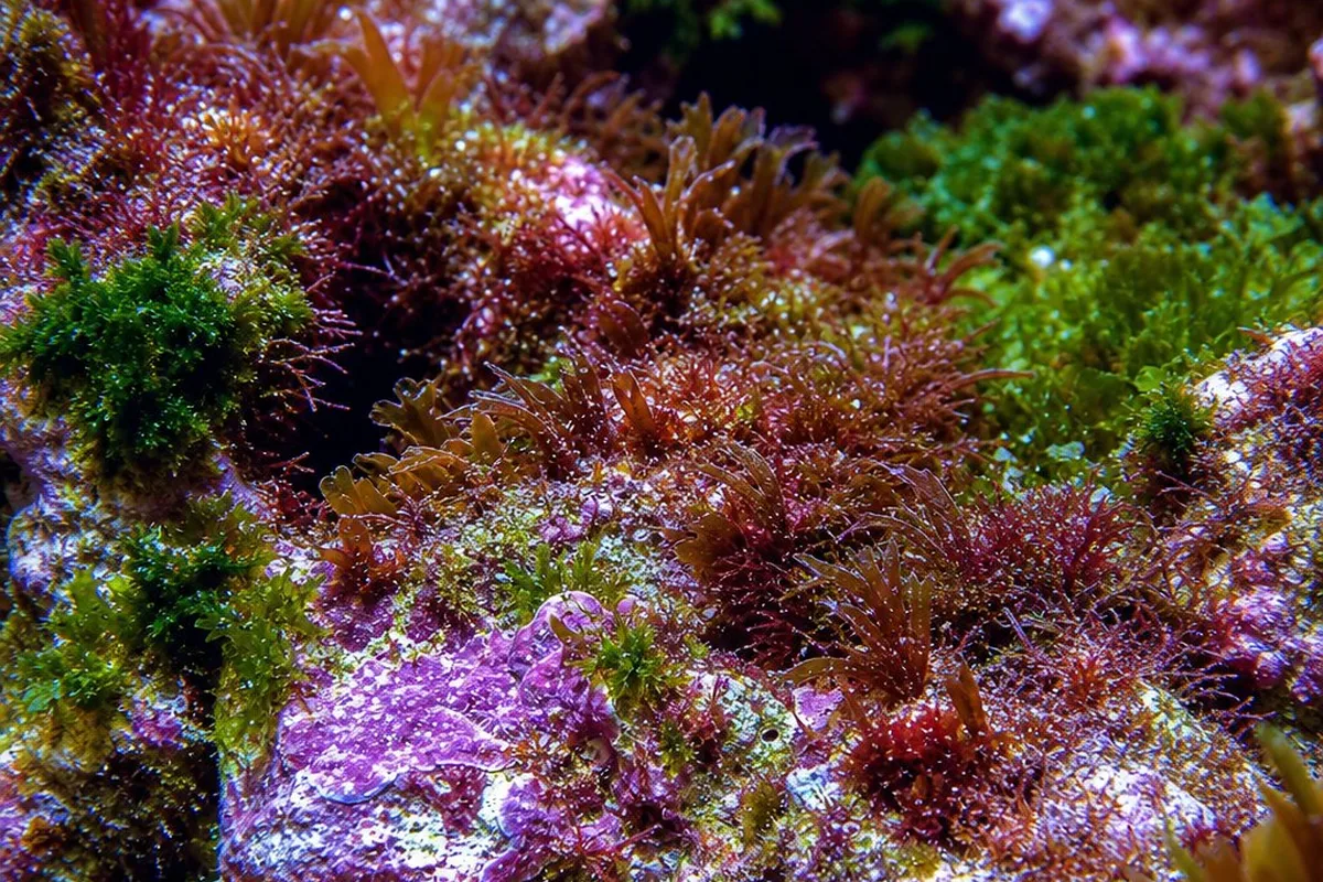 Coralline algae, macroalgae, and turf algae growing across live rock on a coral reef