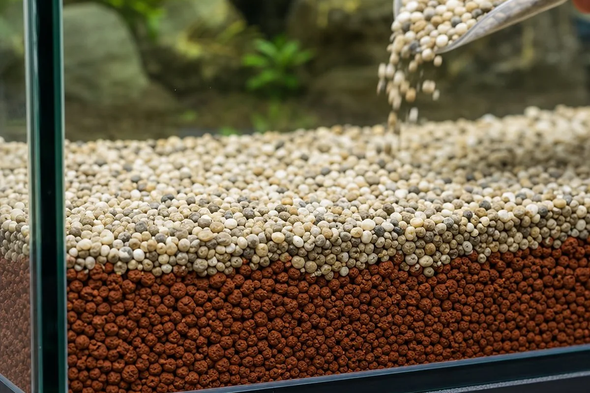 Reddish-brown laterite clay granules being layered into aquarium substrate beneath a layer of gravel