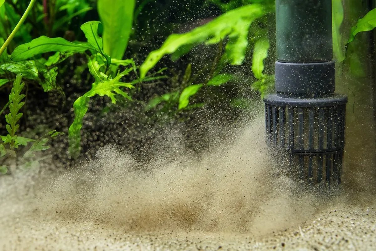 Sand substrate being stirred up near an aquarium filter intake