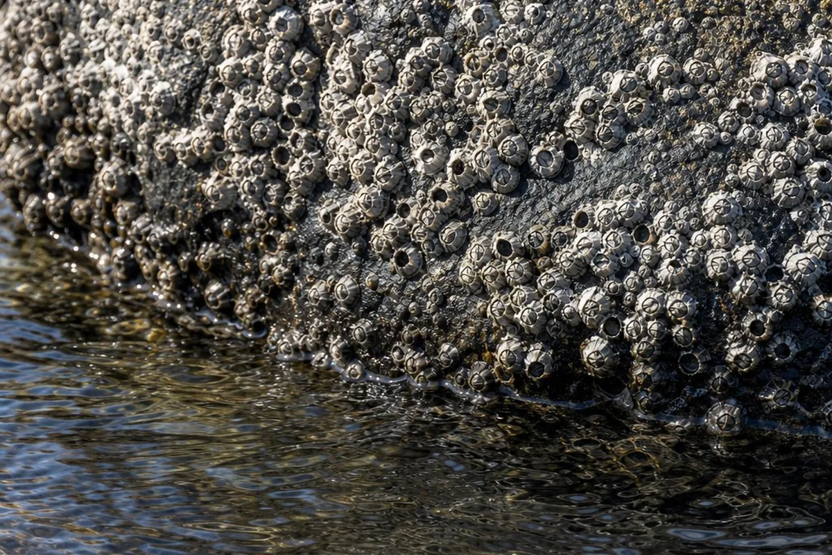 Barnacles attached to a rock at the shoreline