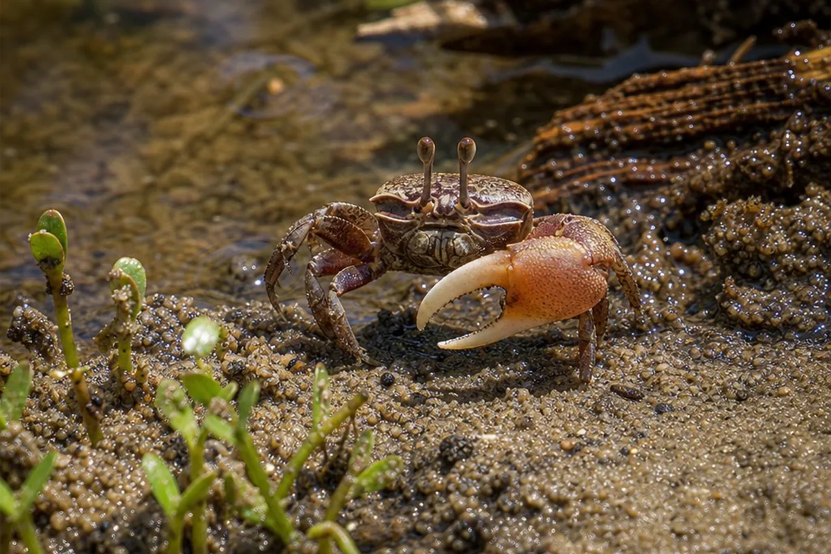 A fiddler crab on a muddy bank, with a coral reef tank shown separately in the background for contrast