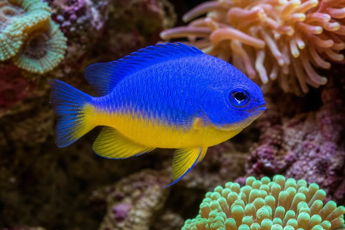 Azure damselfish (Chrysiptera hemicyanea) with bright blue body and yellow belly hovering near live rock