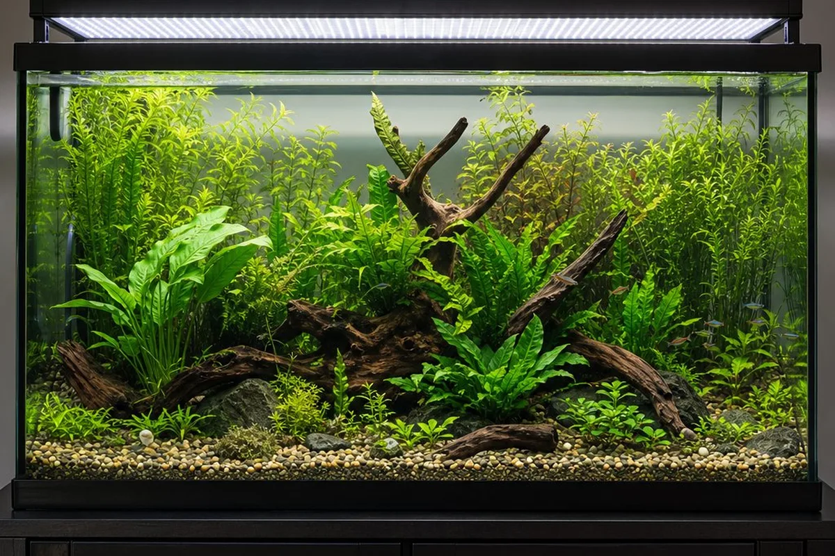A 40-gallon breeder aquarium with a wide LED light fixture spanning the tank's width
