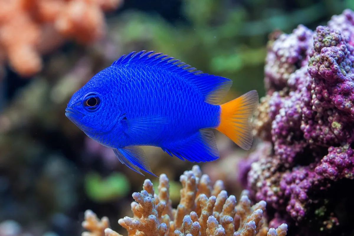 Blue devil damselfish (Chrysiptera cyanea) male with vivid blue body and orange-tipped tail near coral