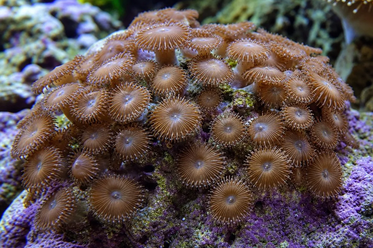 A colony of brown button polyps with flat round oral discs spread across live rock