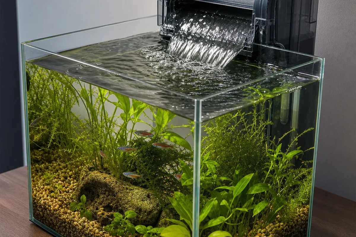 A large hang-on-back filter mounted on a small aquarium with visible surface current