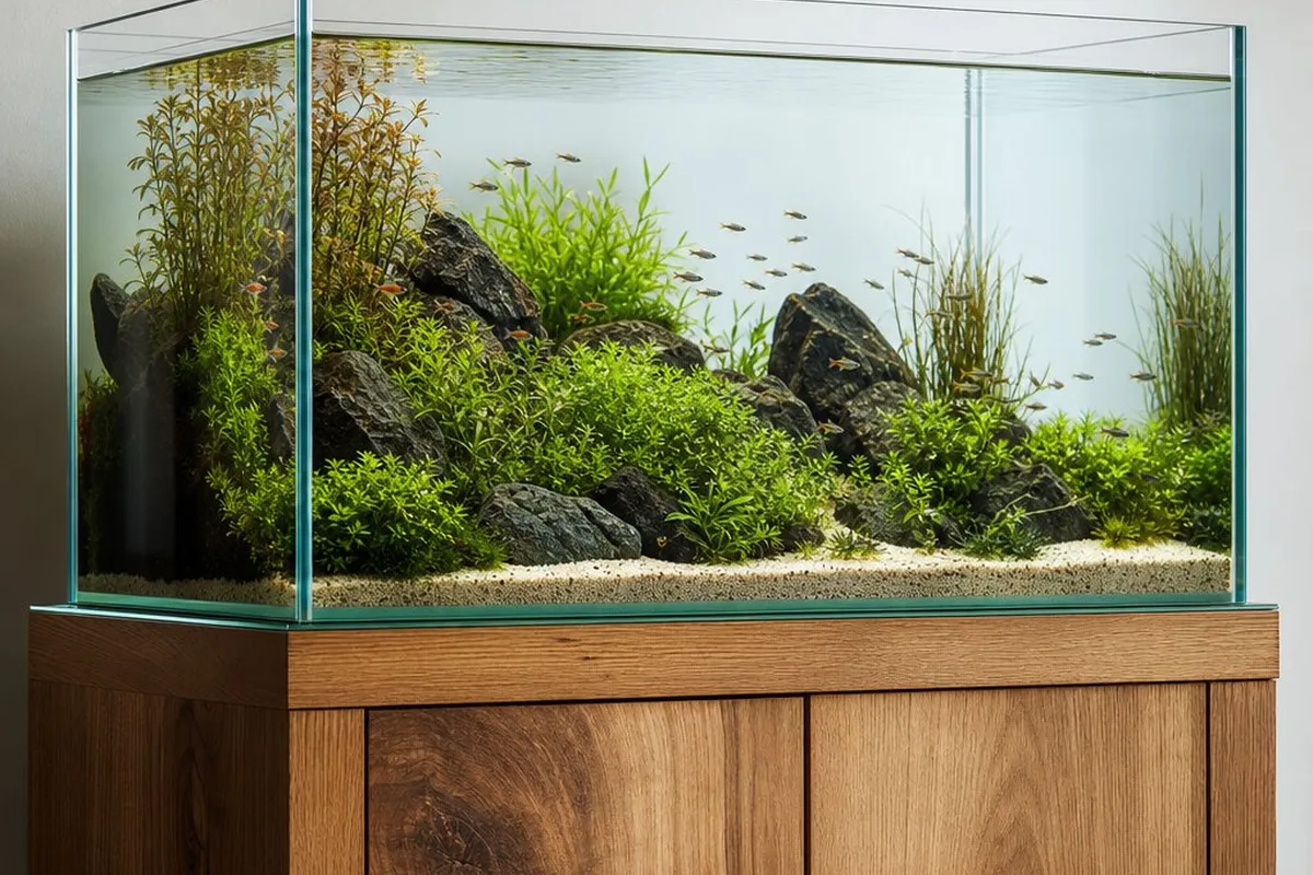 Aquarium sitting on a stand with its glass bottom edge extending slightly beyond the stand's top surface