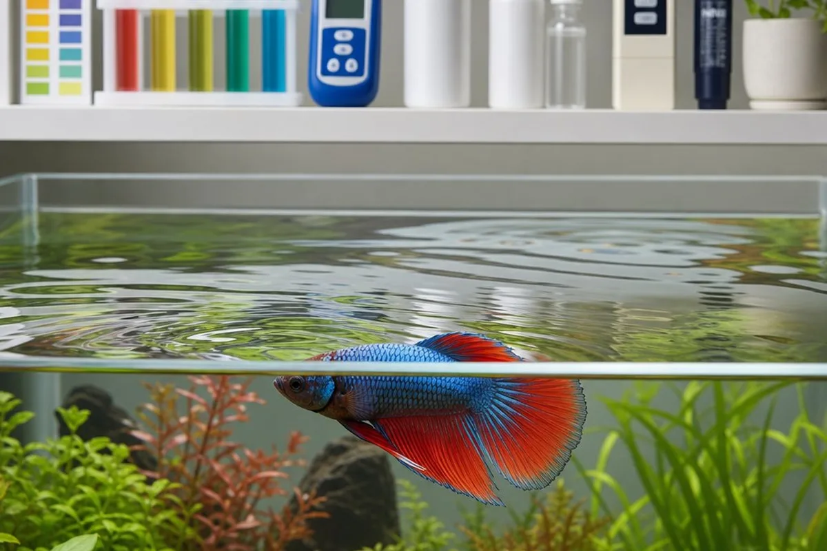 A fish swimming near the surface of an aquarium, with a bottle of cleaning spray sitting nearby on a shelf