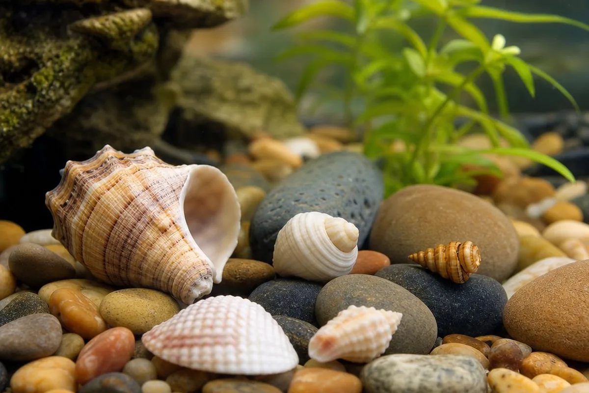 Decorative seashells arranged on the substrate of a freshwater turtle tank