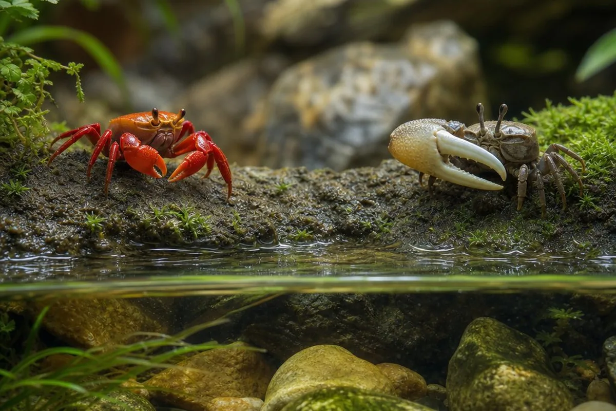 A red claw crab and a fiddler crab on opposite sides of a paludarium's land area