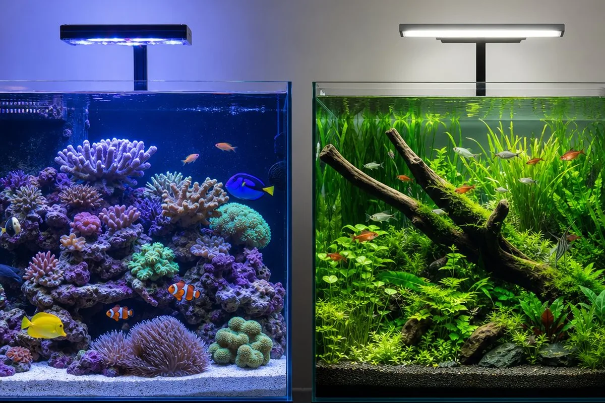 Side-by-side comparison of a saltwater and freshwater aquarium