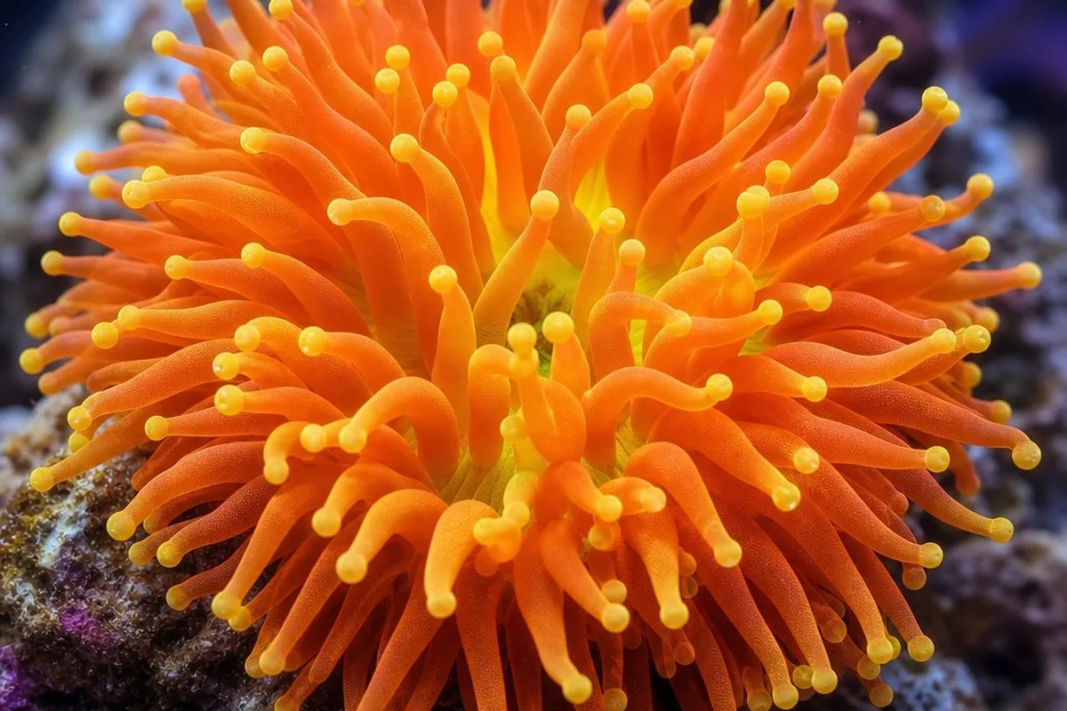A bright orange and yellow bubble tip anemone displaying a sunburst color pattern in a reef aquarium