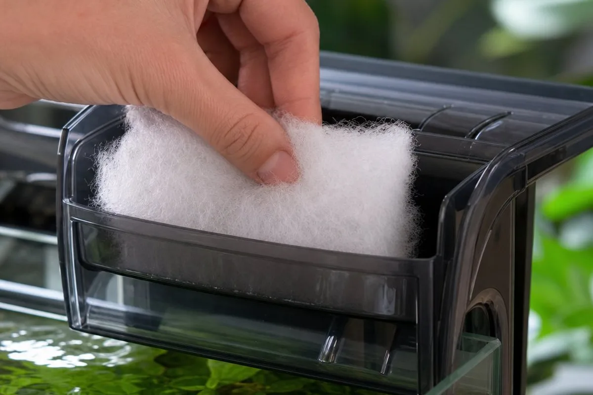 White polyester filter wool media being placed into an aquarium filter tray