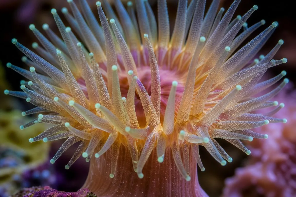 A coral polyp with extended tentacles, reacting to its surroundings without a centralized nervous system
