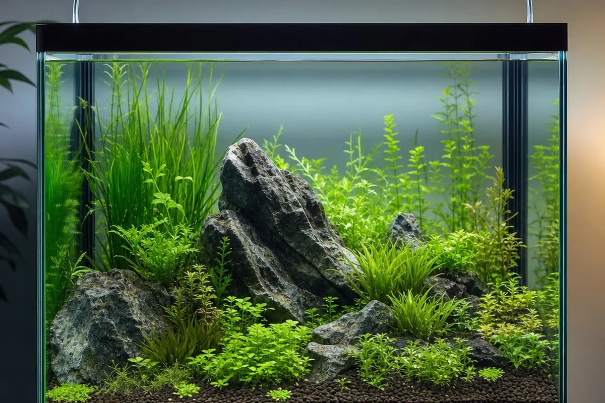 An empty aquarium with calm water, illustrating a tank that needs checking for a fish that may have sunk out of sight