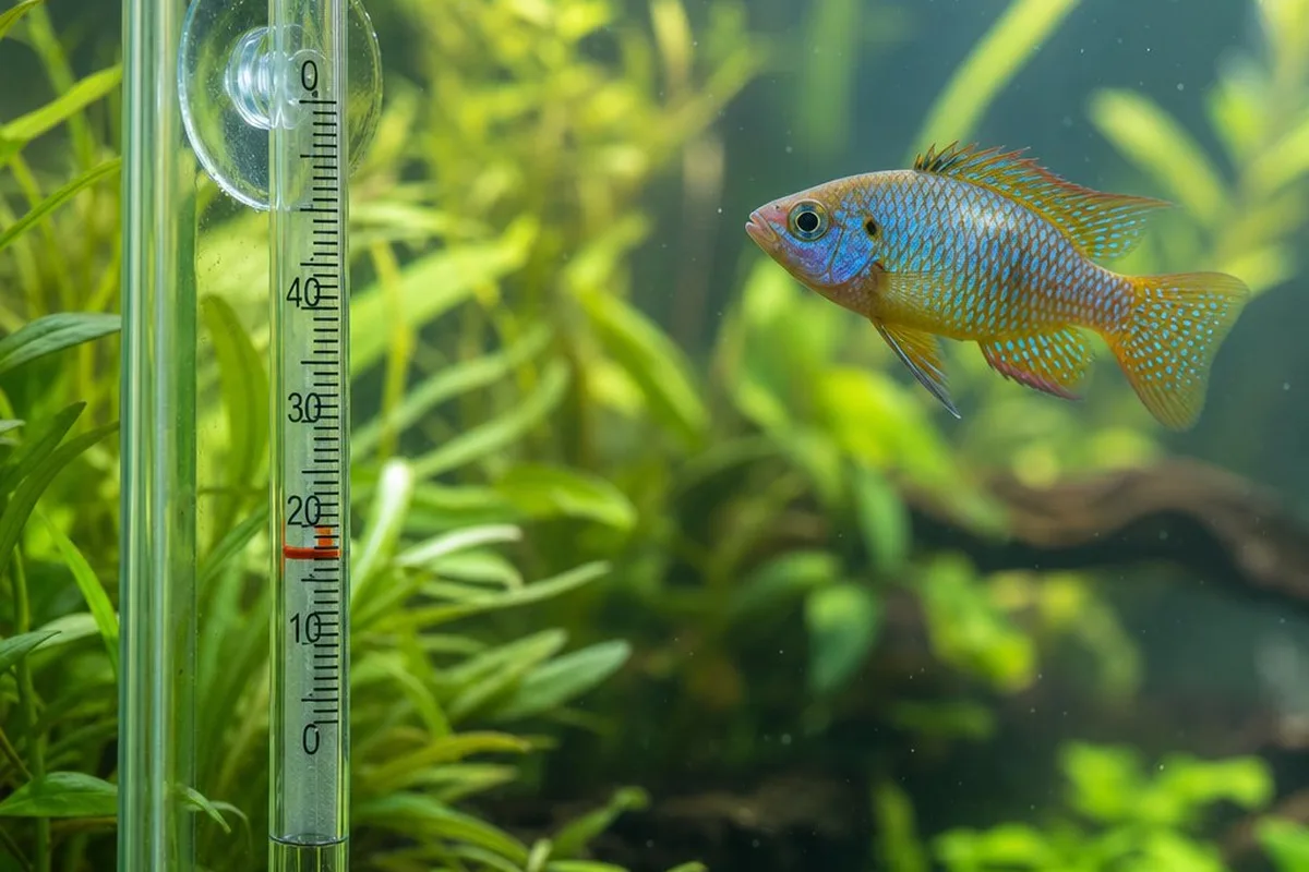A thermometer in an aquarium showing the water temperature, with a fish swimming nearby