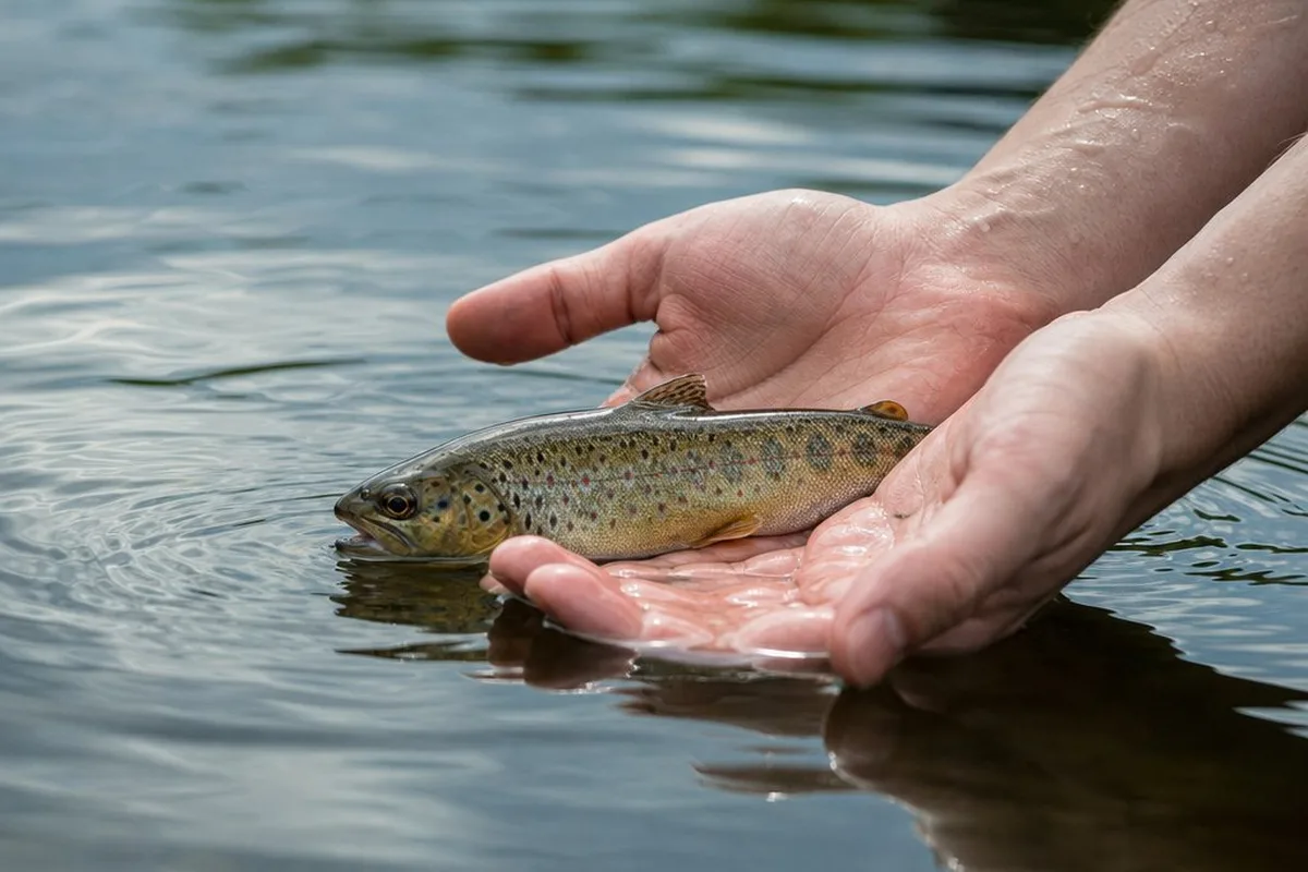 A fish being released back into water after being caught
