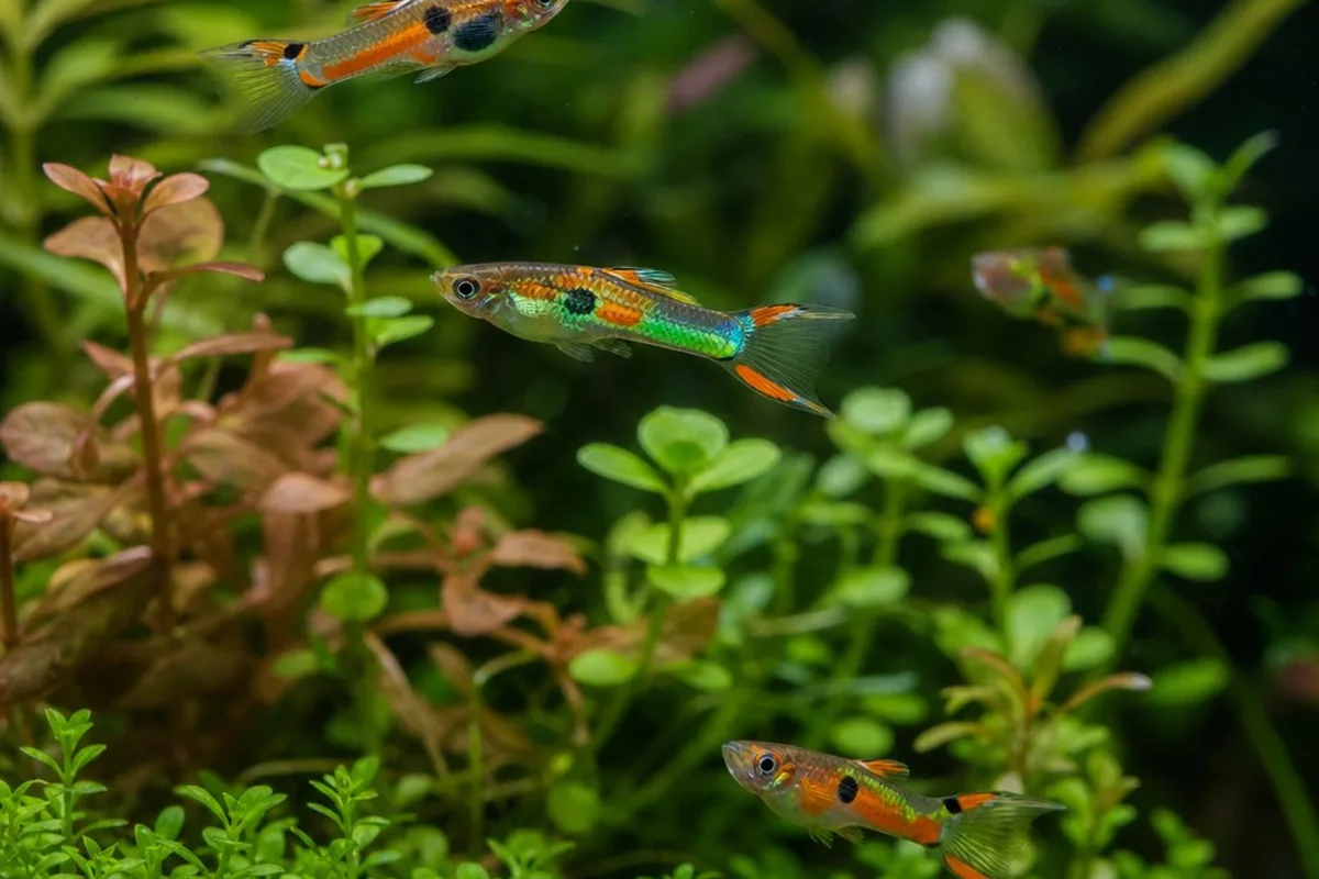 Small, colorful Endler's livebearers swimming in a heavily planted nano aquarium