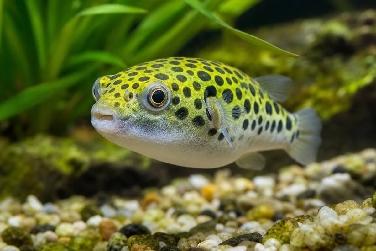 A green spotted pufferfish with a yellow-green spotted back and white belly resting near plants