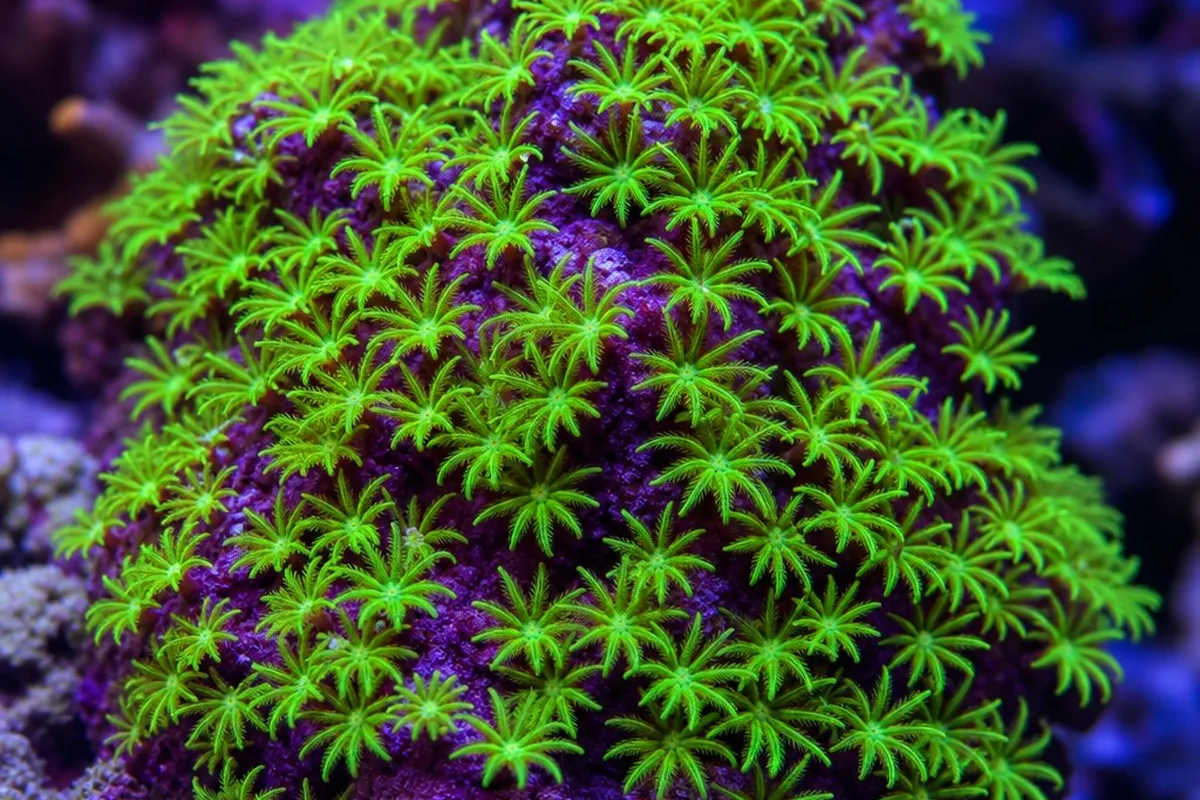 A mat of green star polyps with bright green polyps extended over a purple encrusting base