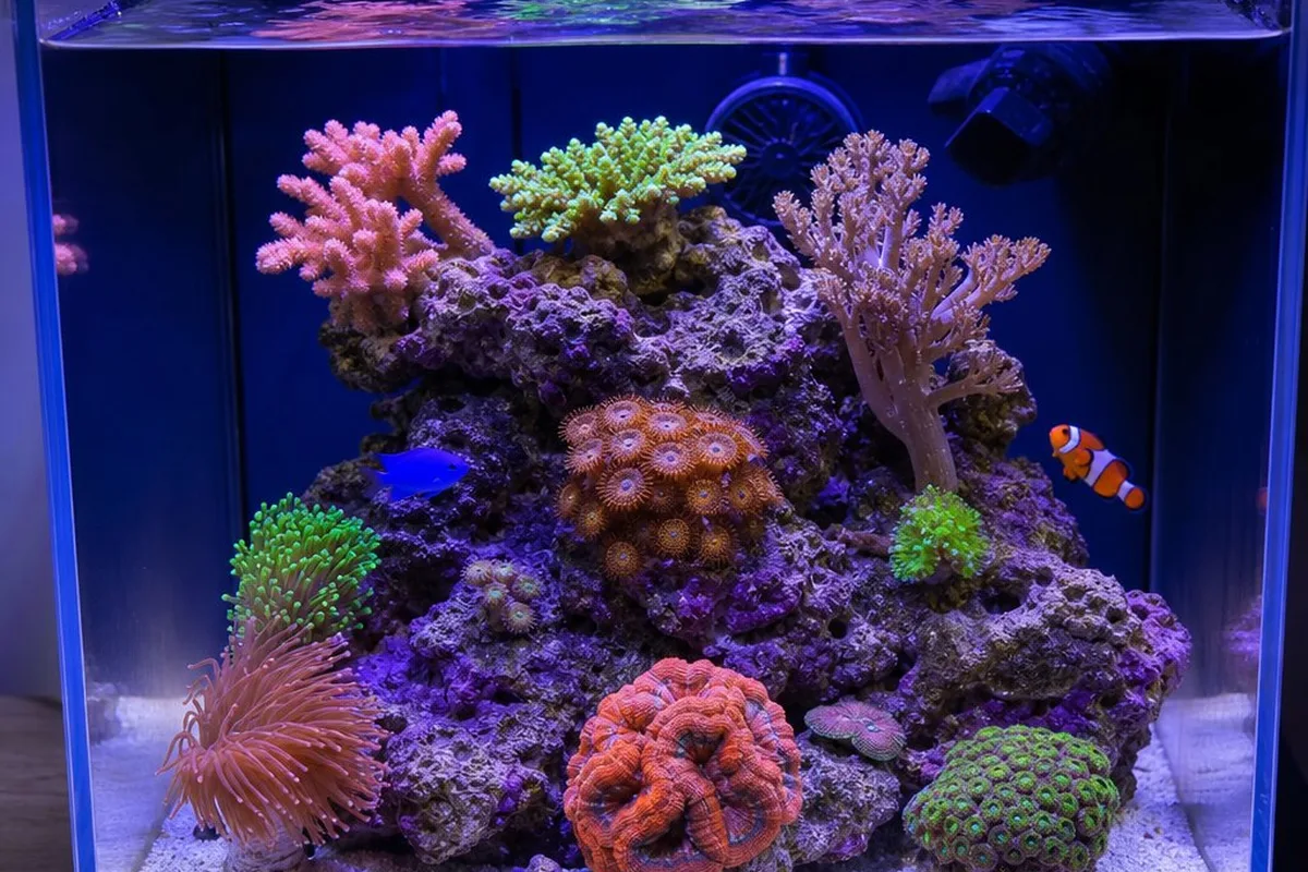 A small 10-gallon reef aquarium with a handful of coral colonies on aquascaped rock