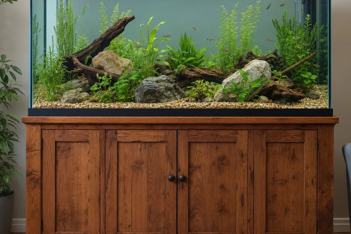 A large 75-gallon aquarium filled with water, substrate, and decor sitting on a sturdy stand