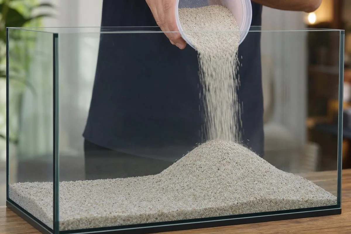 A 20-gallon aquarium with a layer of light-colored sand substrate being added before planting