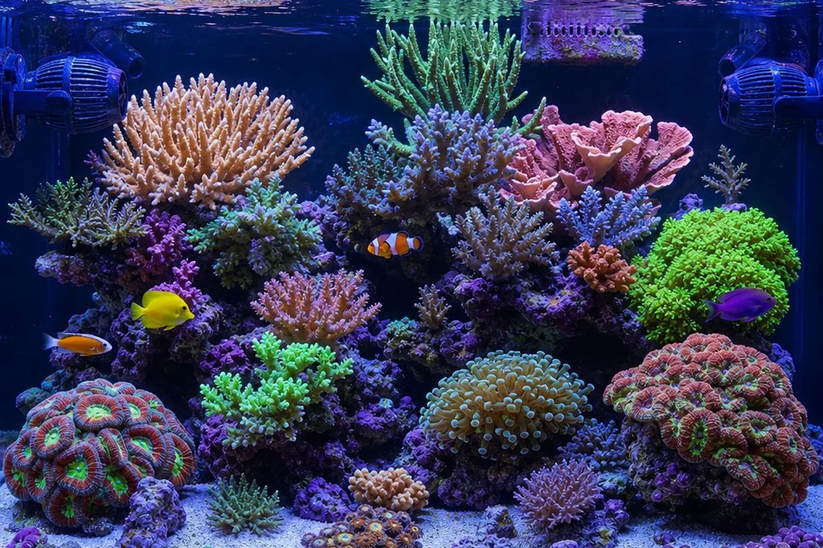 A reef tank lit with a mix of white and blue LED lighting over coral colonies