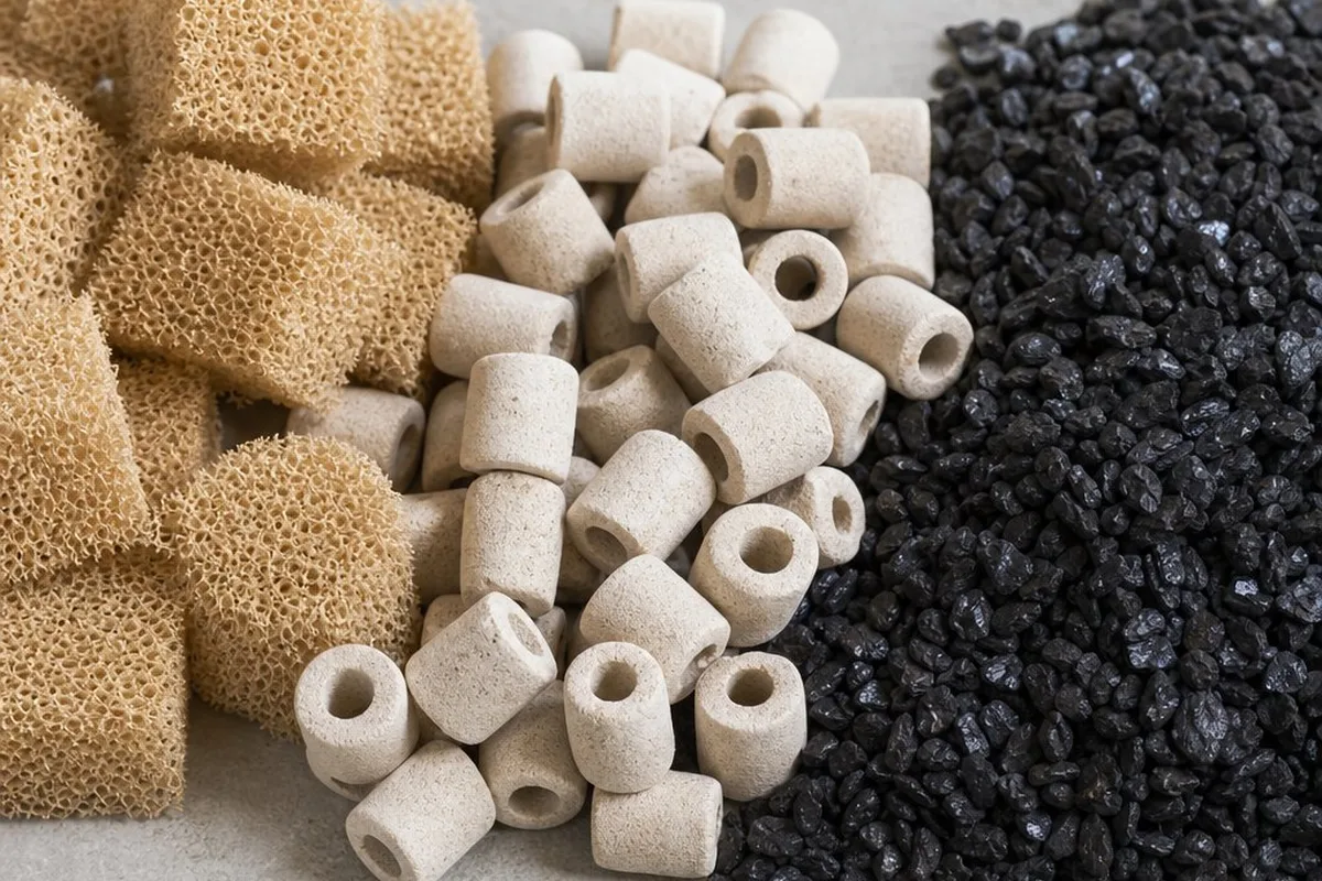 Different types of aquarium filter media including sponge, ceramic rings, and activated carbon laid out for replacement