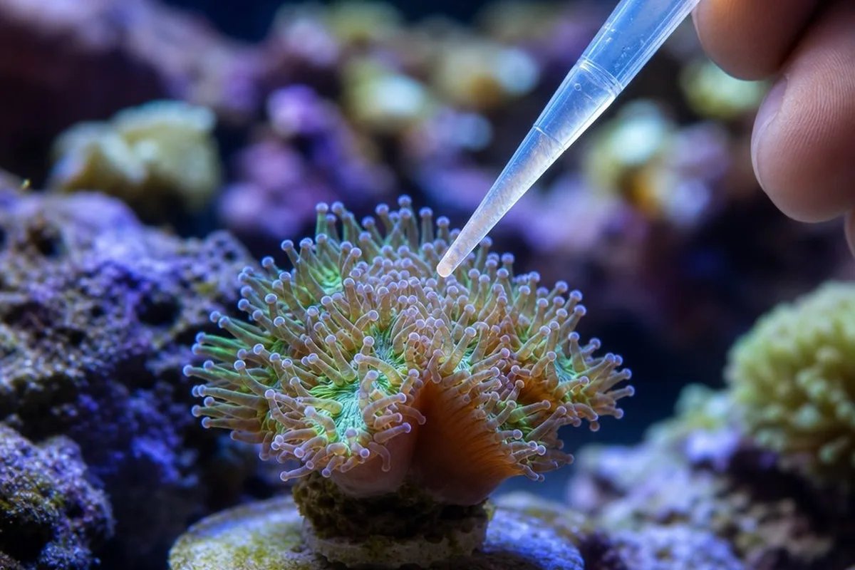 A reef keeper using a pipette to target-feed a coral with extended polyps