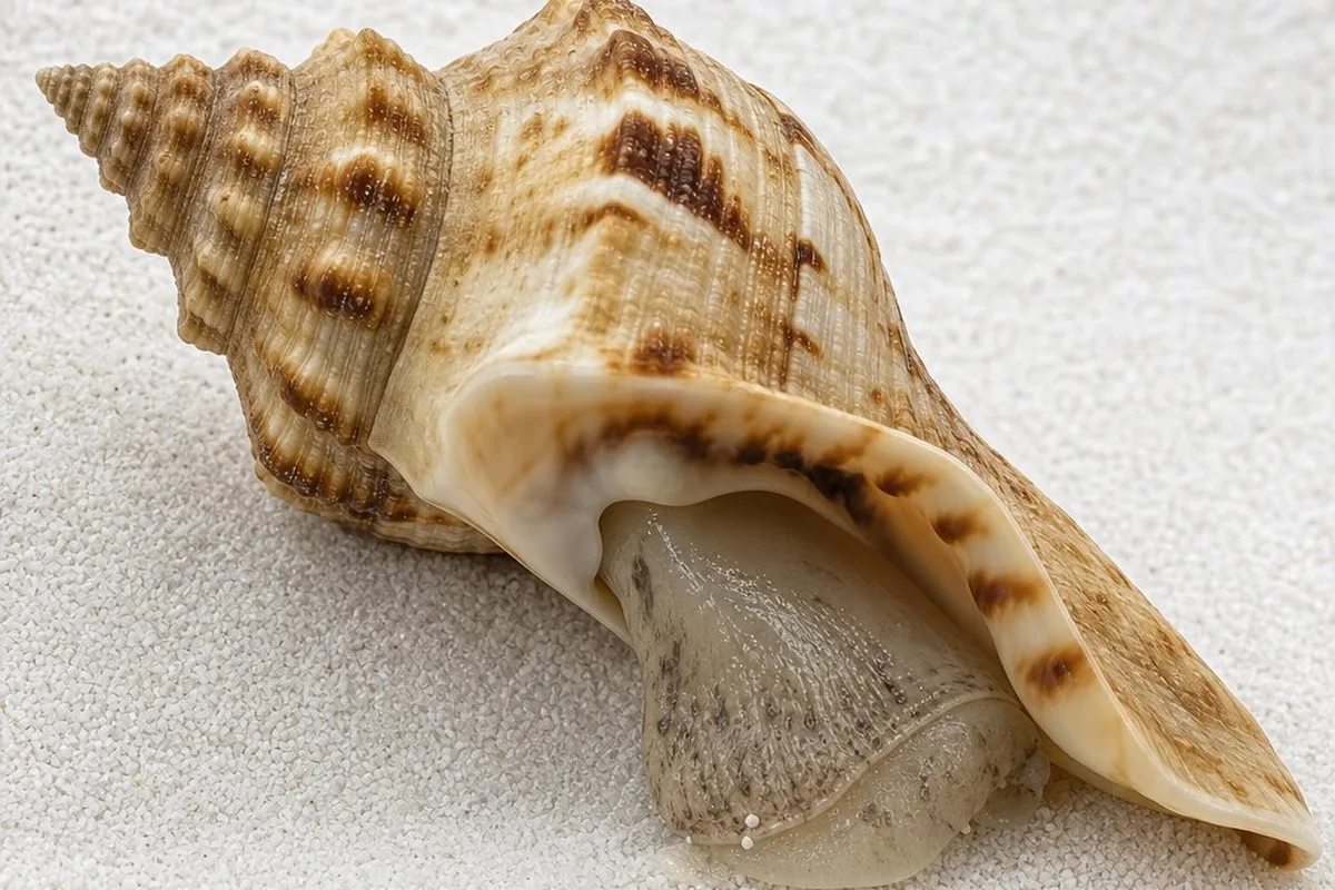 A large spiral conch shell on sand with the soft-bodied snail partially visible