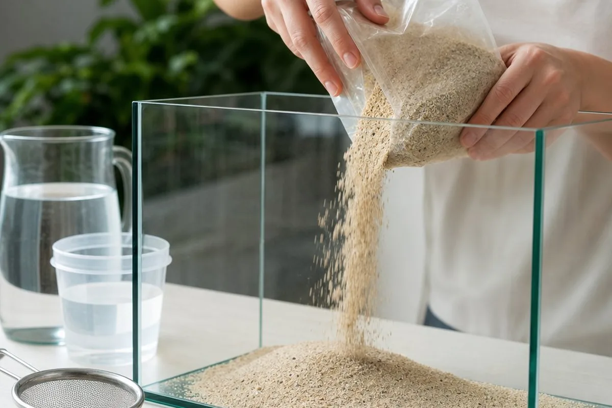 A bag of play sand being poured into an aquarium as substrate, with rinsing equipment nearby
