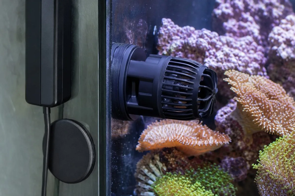 A Jebao wave maker pump mounted inside a reef aquarium with its external magnetic mount visible