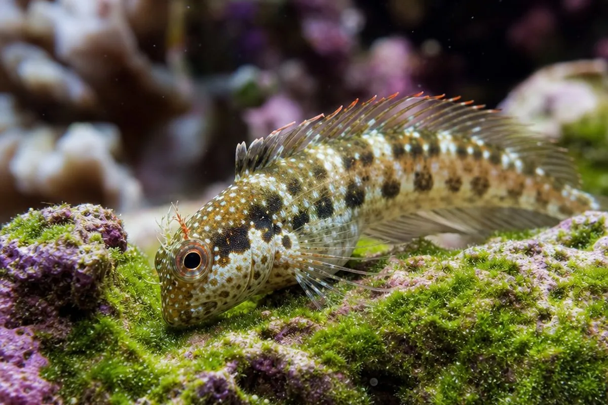 A lawnmower blenny grazing on turf algae across live rock in a reef tank