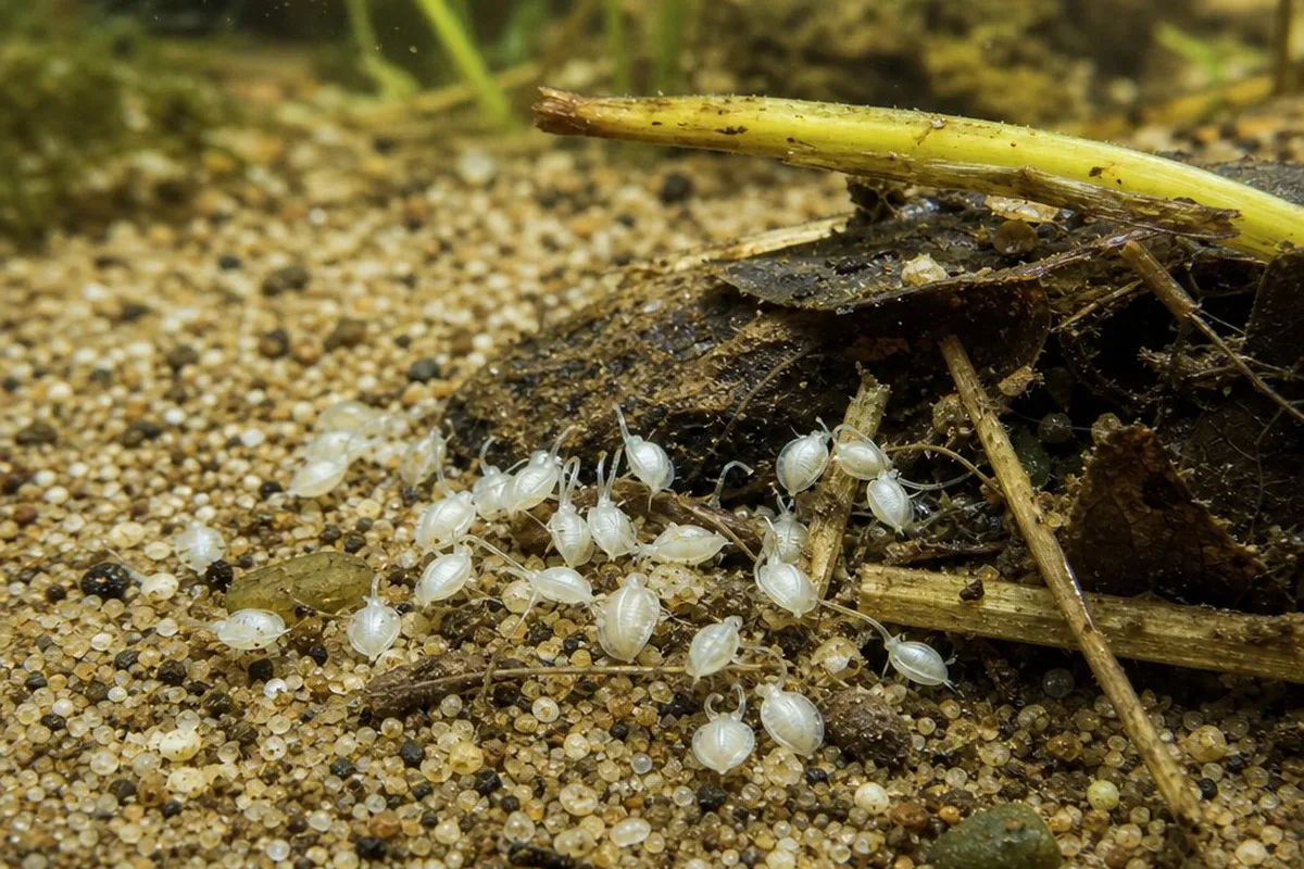 Close-up of a turtle tank substrate with small white organisms visible near decaying plant matter