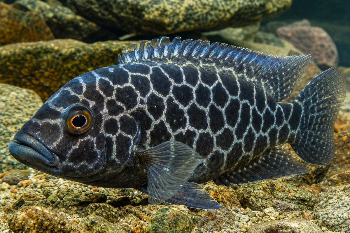 A large mottled Lake Malawi hap cichlid with giraffe-like blotches resting near the substrate of an aquarium