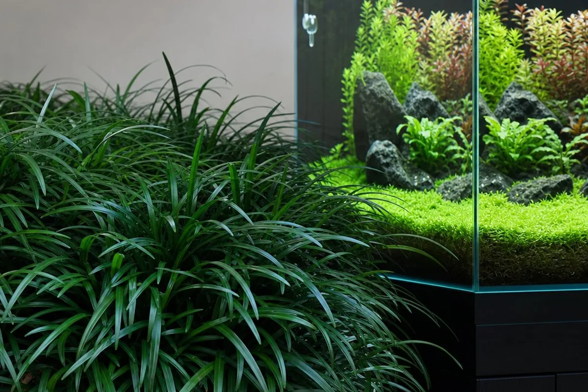 Dark green grass-like mondo grass foliage growing as a groundcover, with a separate underwater grass-carpet aquarium in the background