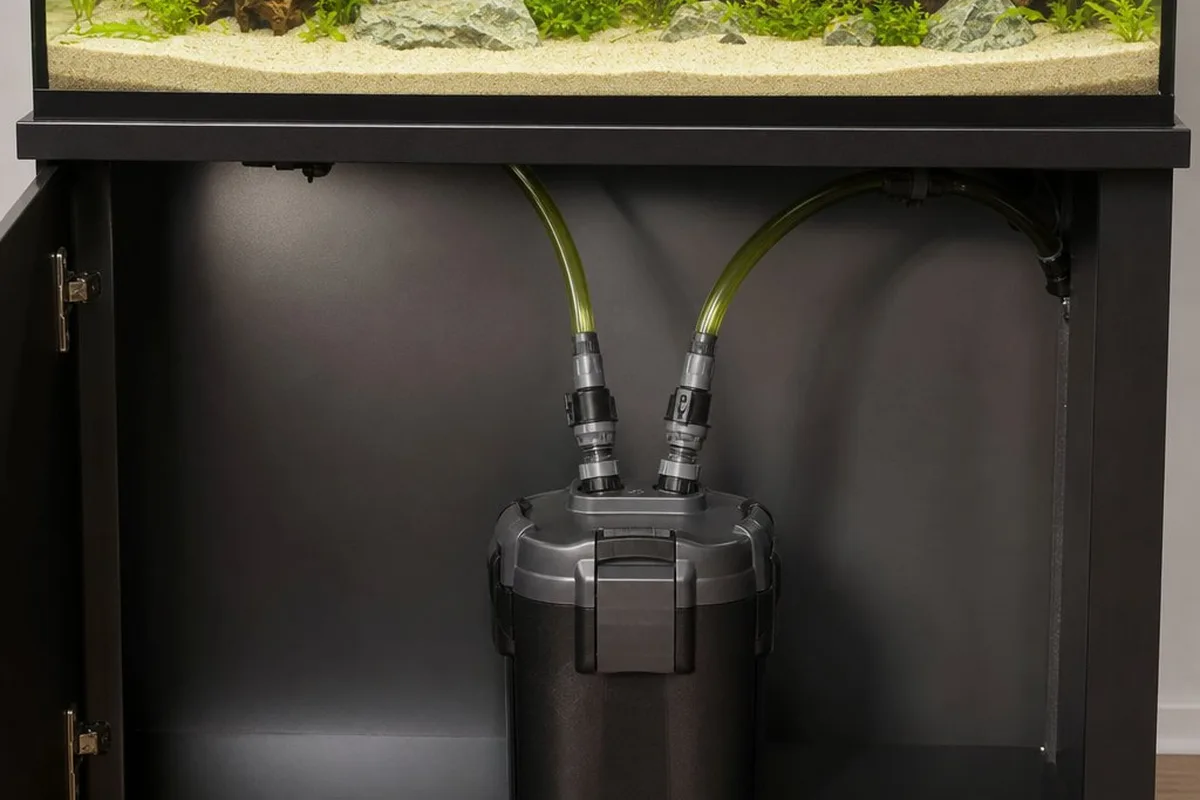 A Penn Plax Cascade canister filter sitting beneath an aquarium with intake and output hoses connected