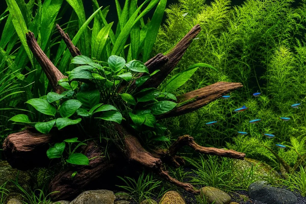 A well-planted 75-gallon aquarium with a mix of sword plants, hornwort, and anubias mounted on driftwood