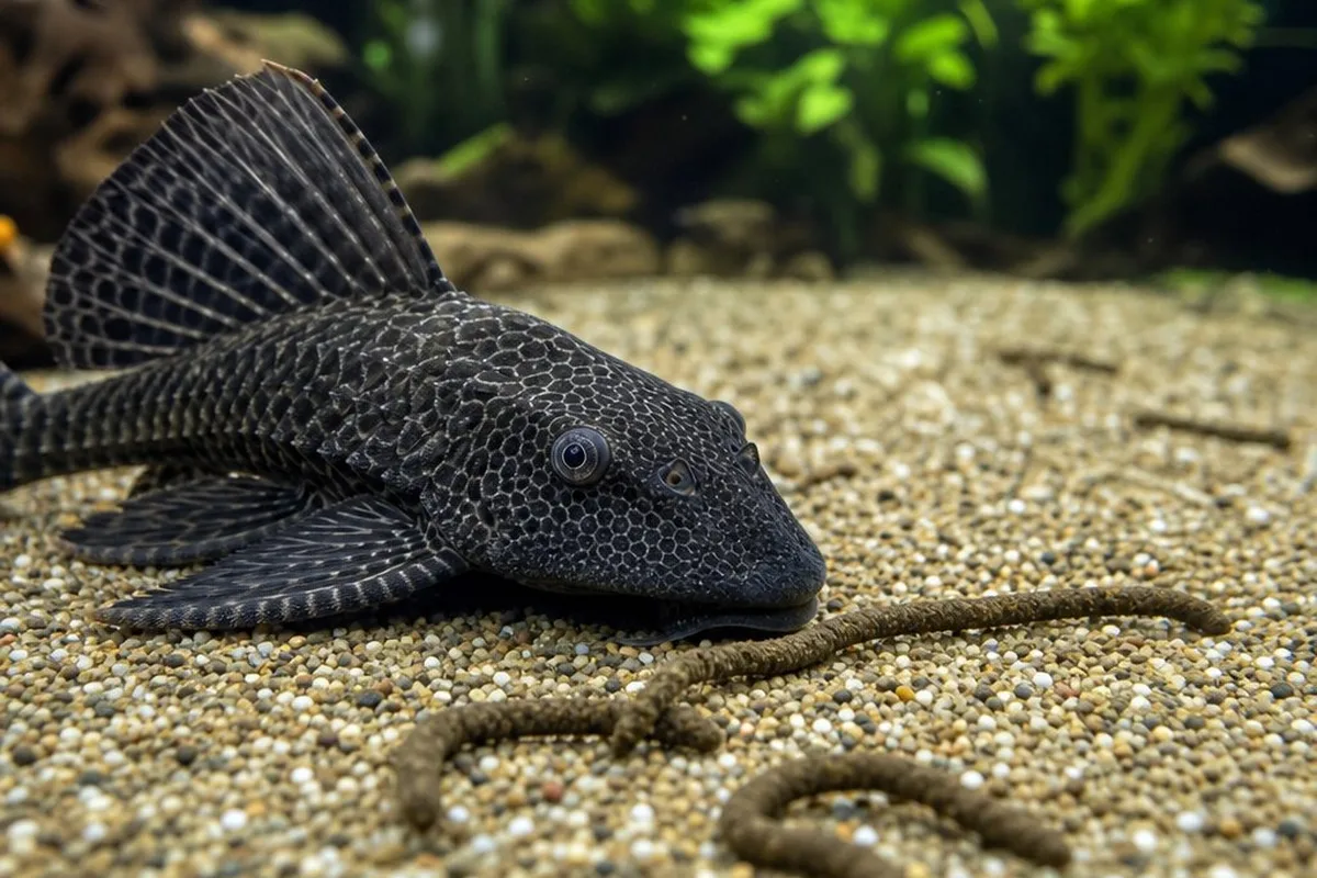 A pleco resting near the substrate of an aquarium, with visible waste nearby