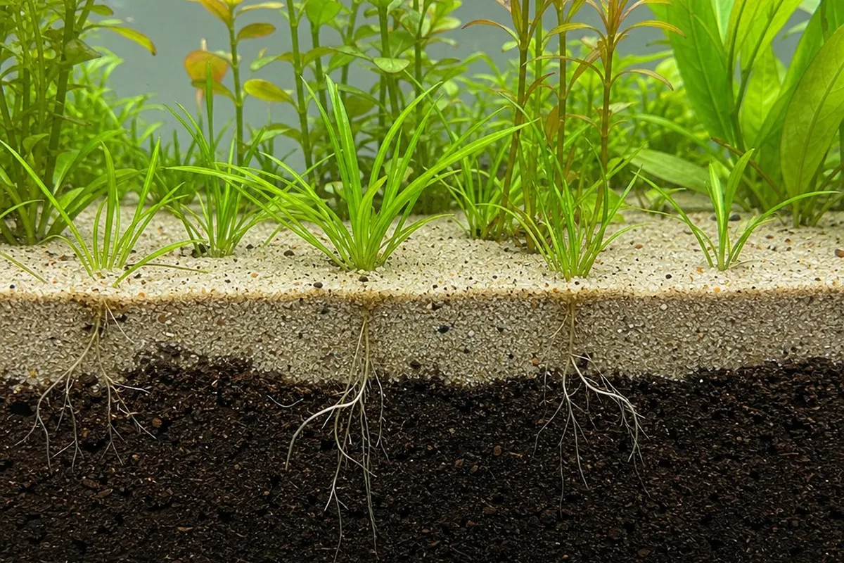 A layered aquarium substrate with a dark soil base capped by a layer of sand, with plants rooted into it