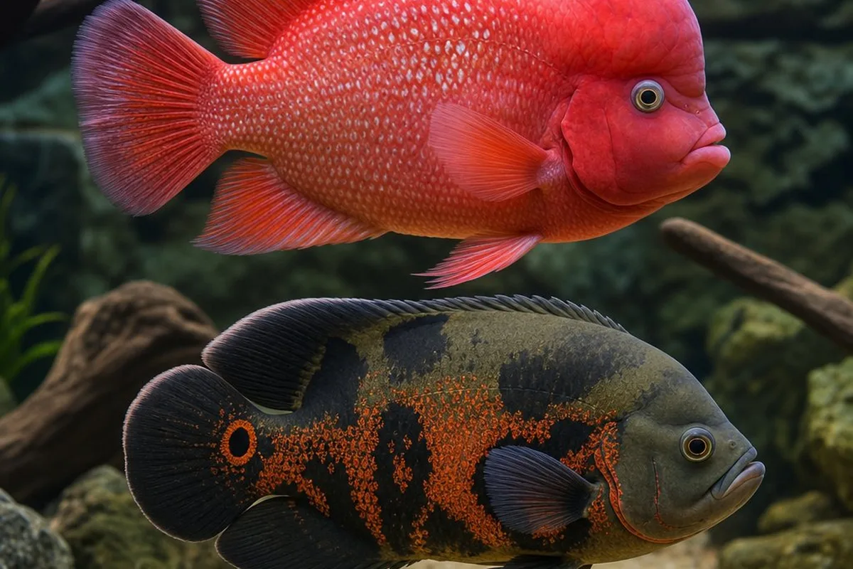 A large red cichlid and a large mottled cichlid with an eyespot near the tail, each in a spacious aquarium