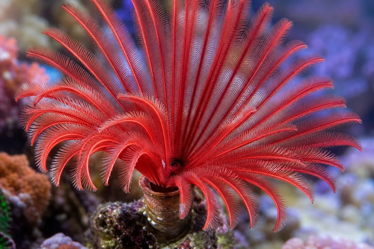 A red feather duster worm with its feathery crown extended in a reef aquarium