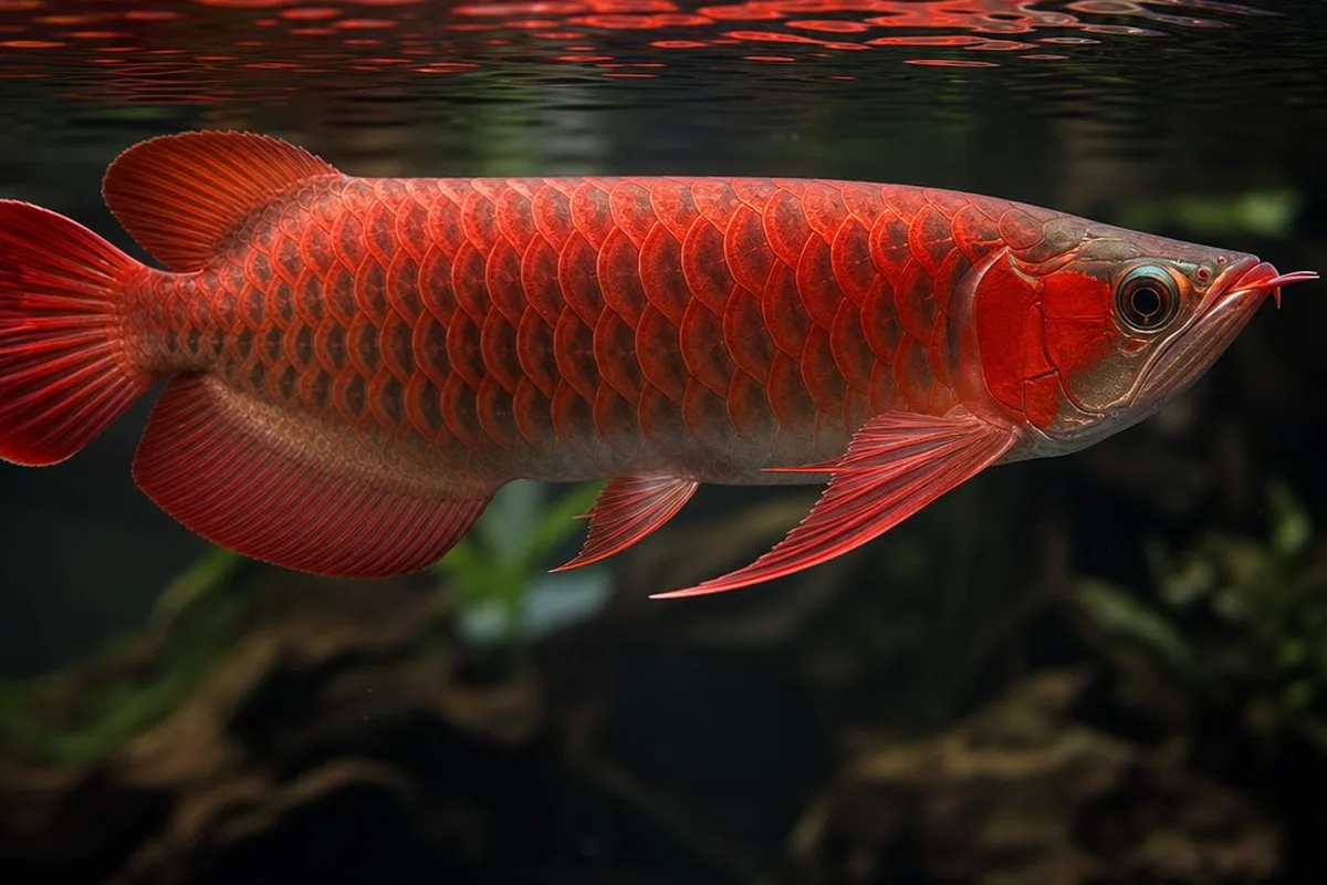 A Red Jardini arowana swimming near the surface of a large aquarium