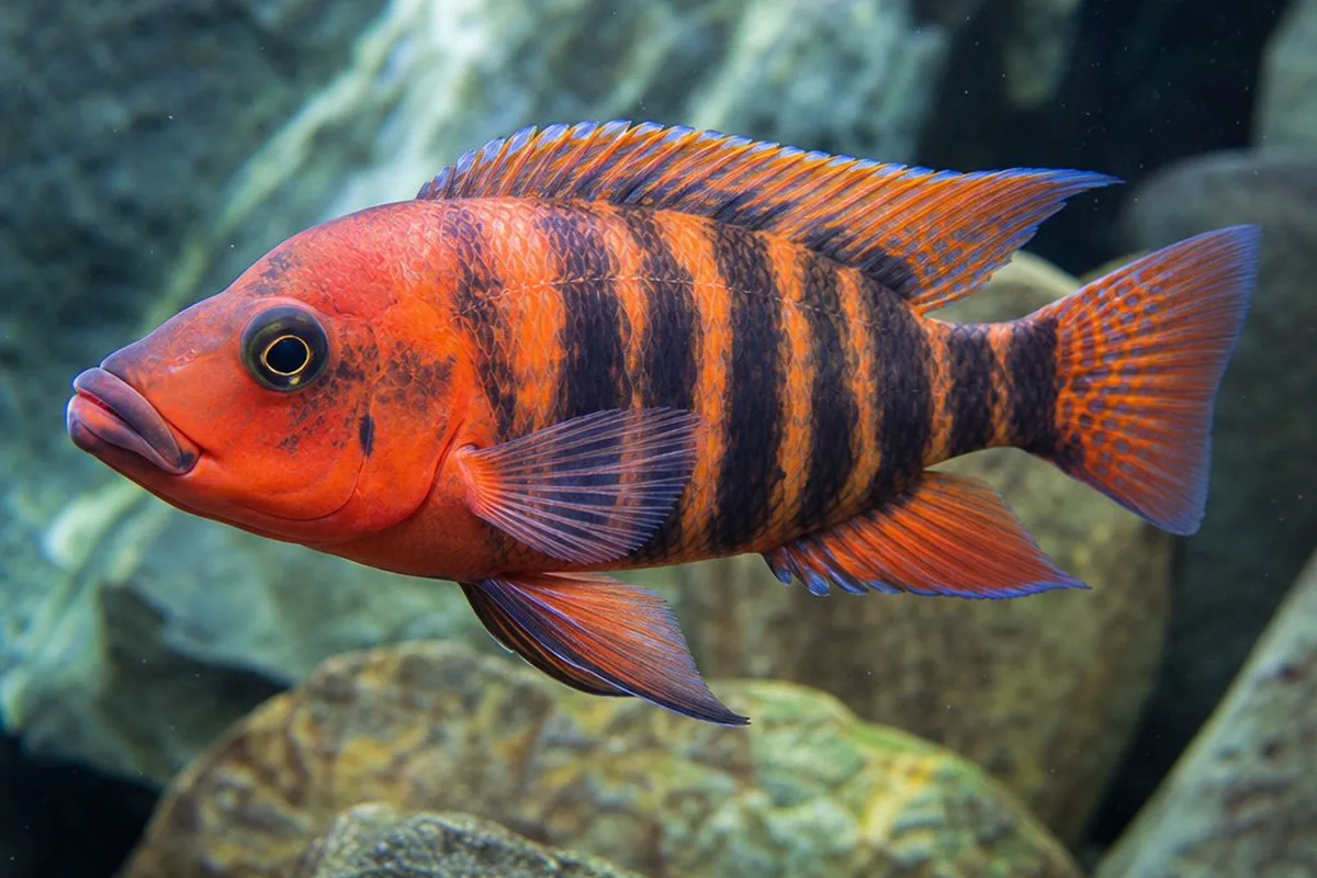 A large red and orange cichlid with dark vertical barring swimming in an aquarium