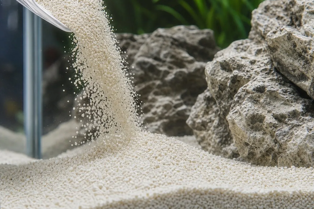 Close-up of white aragonite reef sand substrate in a freshwater aquarium with rockwork