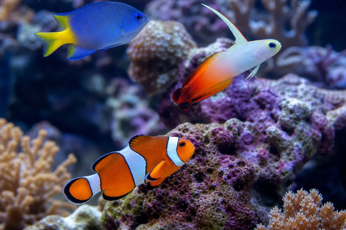 Yellowtail damselfish, common clownfish, and firefish swimming together in a beginner saltwater aquarium
