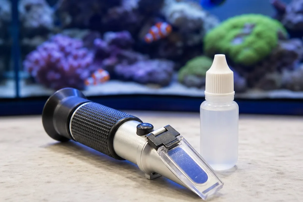 Refractometer measuring the specific gravity of reef tank water with calibration fluid bottle alongside
