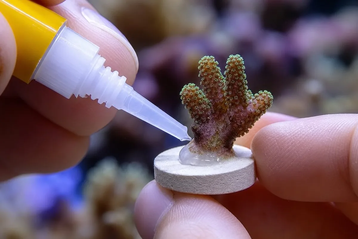 Tube of gel cyanoacrylate super glue being used to attach a coral frag to a ceramic plug