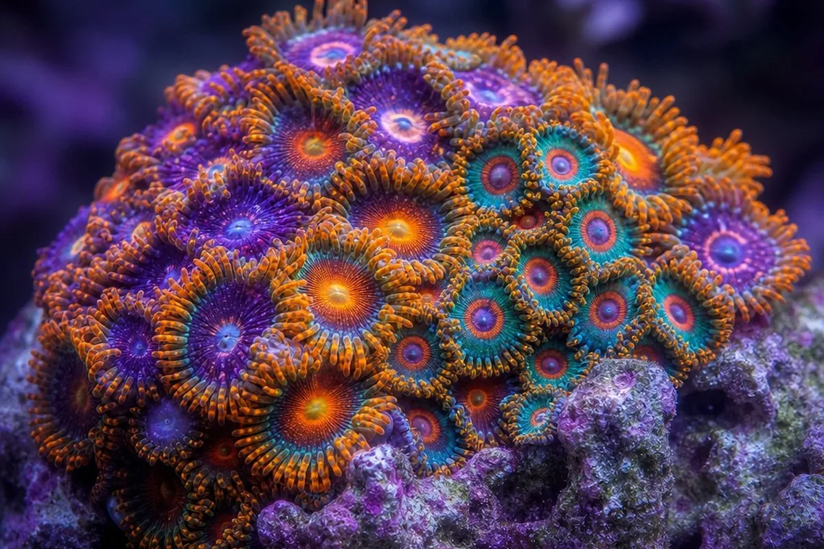 A colony of Utter Chaos zoanthid polyps showing variegated, multi-colored patterning